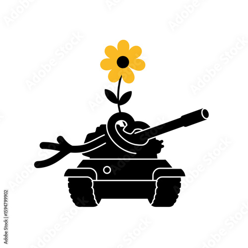 Icon of a tank with a flower and vine on a transparent background symbolizing peace and transformation
