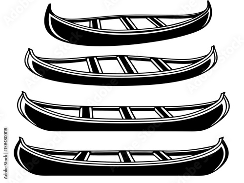 Four stylized black and white gondolas lined up vertically