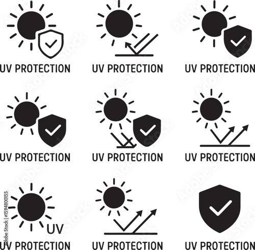 UV Protection Icons Sun Shield, Ray Block, Checkmark Symbols