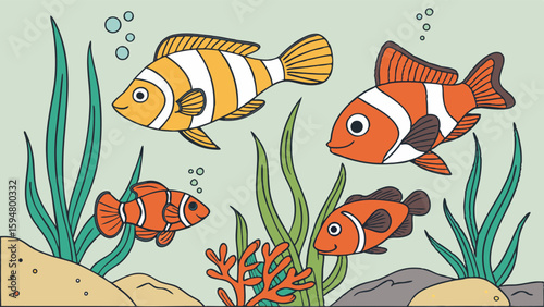Colorful cartoon clownfish and tropical fish swim in a vibrant underwater aquarium scene with green seaweed, sand, and coral. Cute marine life illustration.