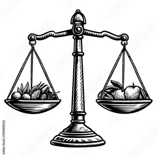 Balanced nutrition illustration showing balanced scales filled with fresh fruits and vegetables. 