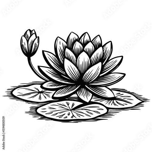 Water lily on pond presented in hand-drawn engraving showcases a lotus with its leaves floating peacefully on water.