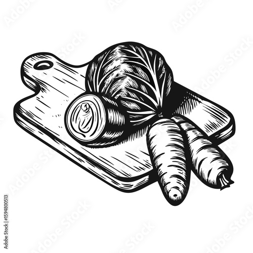 Hand-drawn engraving of vegetables on chopping board, featuring cabbage, carrots, and sliced onion arranged on wooden board.