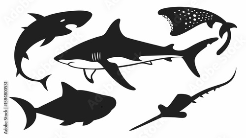 Diverse Shark Species Silhouettes Vector Collection Black and White Marine Life Set Great White Whale Sawfish Ocean Predators Aquatic Wildlife Underwater Illustration