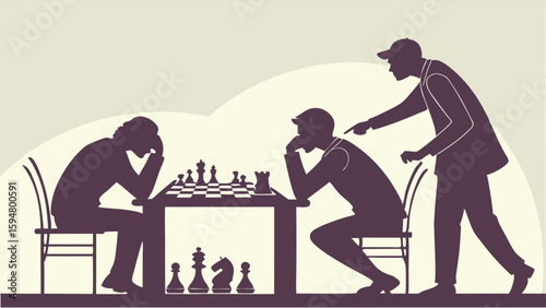Monochrome vector silhouette of a chess coach mentoring two players in an intense strategy game, one stressed, the other contemplating.