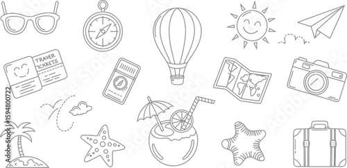 Travel Line Art Icons of Map, Compass, Camera, Tickets, Suitcase and Summer Holiday Elements
