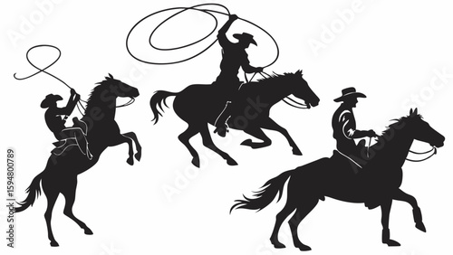Three dynamic black silhouette illustrations of cowboys on horses, actively roping with lassos and riding, depicting western rodeo action, ranch life, and wild west culture.