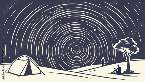 Stunning Star Trails Astrophotography with Campers and Tent Under a Serene Night Sky Monochrome Illustration of Nature's Beauty and Celestial Motion