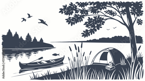 Serene lakeside camping illustration. Monochromatic vector silhouette of a tent, canoe, and trees by a tranquil lake with birds, perfect for nature and outdoor adventure.
