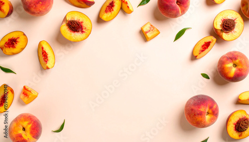 Top View of Sliced Peach on Beige Background