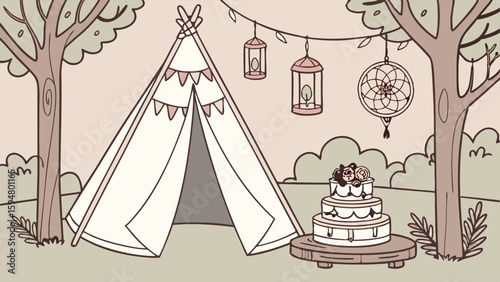 Whimsical bohemian outdoor wedding illustration featuring a teepee tent, hanging lanterns, dreamcatcher, and a beautiful three-tier floral cake. Rustic nature celebration.