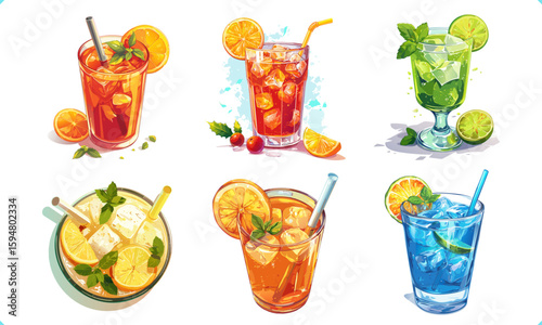 Flat vector illustration of cocktail on white background. Top view. Vector illustration of summer tropical beverage on white background