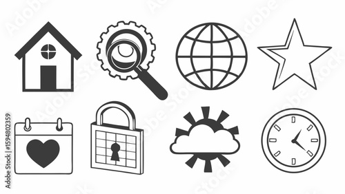Minimalist black and white line art web icons featuring home, search, globe, star, calendar, padlock, weather, and clock for UI and app design.