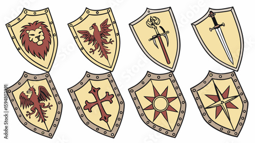 Eight detailed medieval fantasy heraldic shields featuring lion, eagle, griffin, swords, cross, sun, and star symbols on golden backgrounds. Perfect game assets.