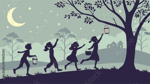Whimsical silhouette illustration of children with lanterns, one reaching for a tree lantern, under a crescent moon and starry night sky, dreamy childhood adventure.
