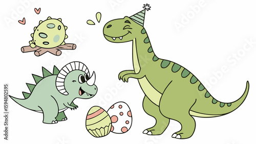 Adorable cartoon dinosaur birthday party vector illustration with happy green TRex in party hat Triceratops baby dino and colorful eggs for kids
