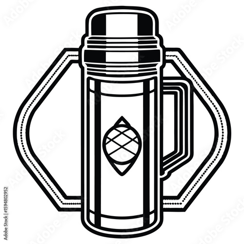 Vector art of a vintage thermos bottle with a pinecone emblem and handle