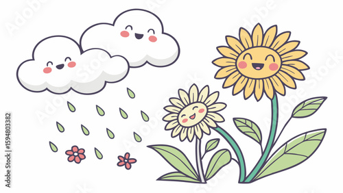 Adorable kawaii cartoon illustration of happy clouds raining on two smiling yellow sunflowers and small pink flowers, a cheerful spring nature scene depicting growth and life.
