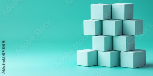 Fototapeta Naklejka Na Ścianę i Meble -  A realistic photo of light blue stacked 3d cubes on a teal background, ideal for websites or blogs about abstract concepts, building, teamwork, solutions, or minimalist design.

