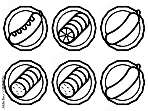 Simple line art icons of sausages and sliced sausage on plates