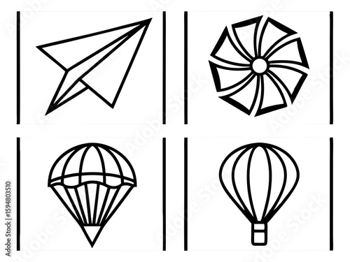 Collection of simple line art icons representing travel and flight