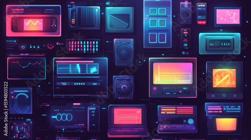 A 1990s-era PC user interface featuring a retro aesthetic, nostalgic icons, classic window layouts, and vintage design elements. Vector illustration.