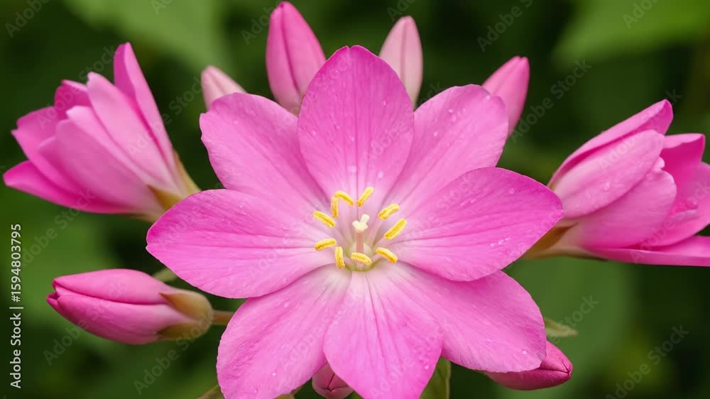 Pink Flower Blooming with Yellow Stamens and Buds Against Green Background Pink Flower Blooming with Yellow Stamens and Buds Against Green Background
