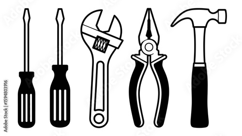 Line Art Illustration of Essential Hand Tools Screwdriver, Wrench, Pliers, and Hammer