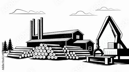 Monochrome depiction of a wood mill, showcasing stacks of timber and industrial machinery in a minimalist style illustration.