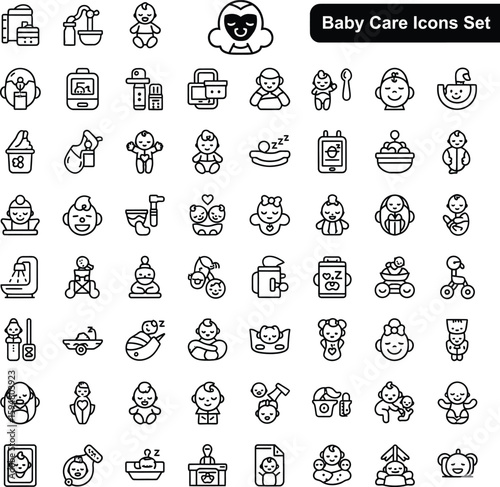 Baby Care Icons Set Featuring Various Activities and Objects Related to Infants vector