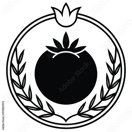 Vector art of a stylized tomato within a circular emblem with leaves and a crown, isolated