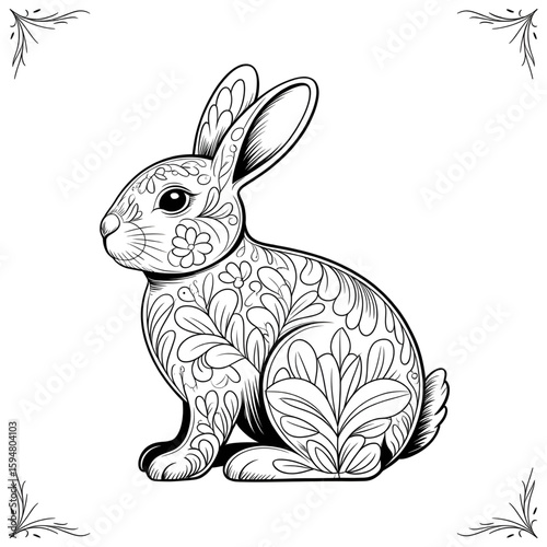 Line art rabbit mandala design  coloring page 
