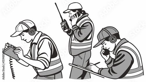 Monochrome vector illustration of three male industrial workers in safety vests and caps, actively communicating with radios and phones, and taking notes on clipboards.