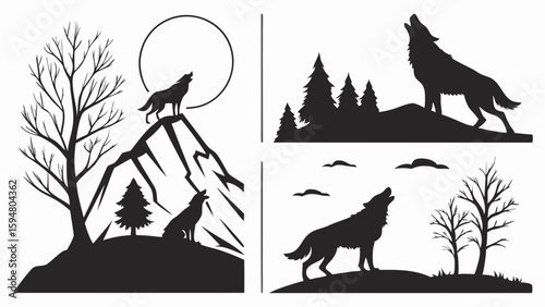 Howling Wolves Silhouettes Vector Art Collection Black and White Nature Scenes with Mountains Trees and Full Moon Wildlife Graphics Design Elements