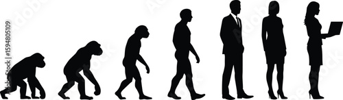 Evolution from ape to modern human, business people silhouette, digital age transformation, evolutionary progress illustration, technological development concept art