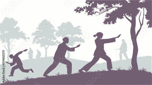 Silhouetted men and women practicing Tai Chi and Qigong movements outdoors in a peaceful park landscape with trees promoting health wellness balance and meditation