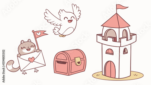 Whimsical Kawaii Cartoon Art with a Cute Squirrel Delivering Mail, Happy Flying Bird, Pink Treasure Chest, and Fairytale Castle Tower.