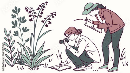 Two women botanists study plants, documenting nature observations with a camera and notebook. Clean flat vector illustration of botanical field research.