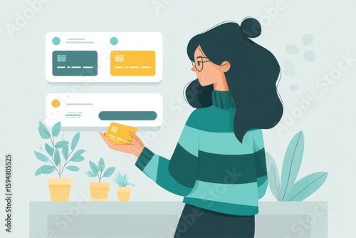 Woman in a striped sweater examining a credit card while surrounded by potted plants indoors