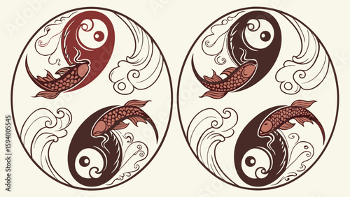 Dual Yin Yang Koi Fish Art with Red Brown and Dark Brown Hues, Traditional Asian Spiritual Balance and Flowing Water Waves
