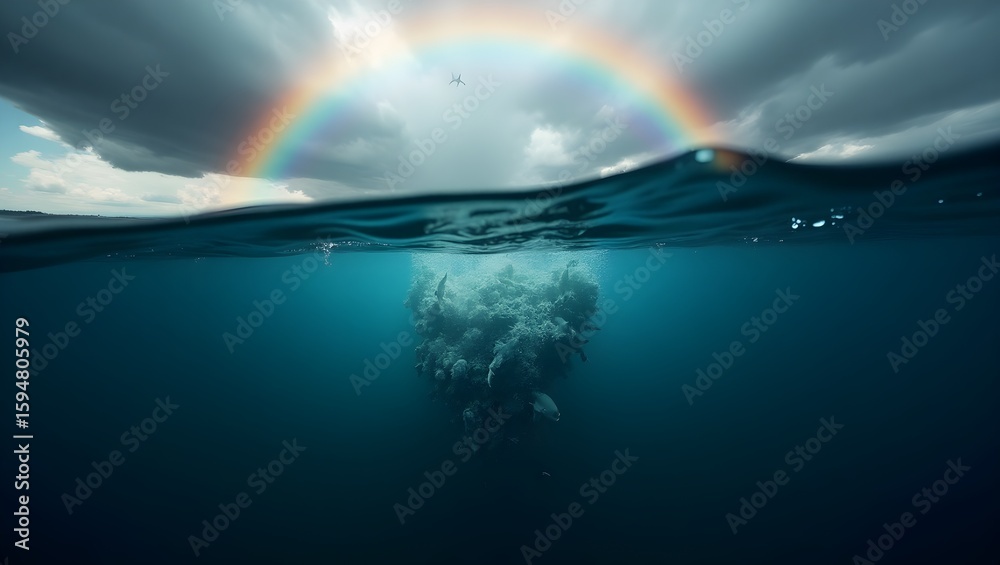 Fototapeta premium Underwater Reef and Rainbow Sky Split View