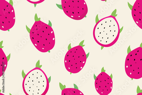 Dragon Fruit Pattern Illustration Vibrant Pink Pitaya with Green Leaves on Cream Background