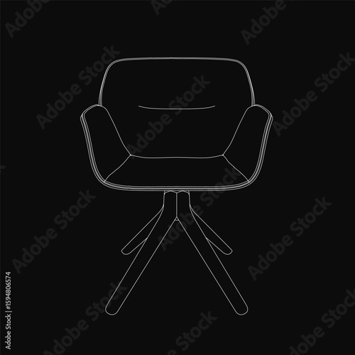 A sleek black and white contour drawing of a modern swivel chair with a curved backrest and armrests. The upholstered seat and tapered legs create a balanced, stylish silhouette on a dark background.