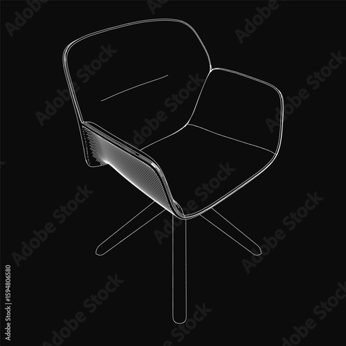 Black and white contour line drawing of a sleek modern chair with curved backrest and tapered legs. The design features smooth armrests and a slightly curved seat on a solid black background.
