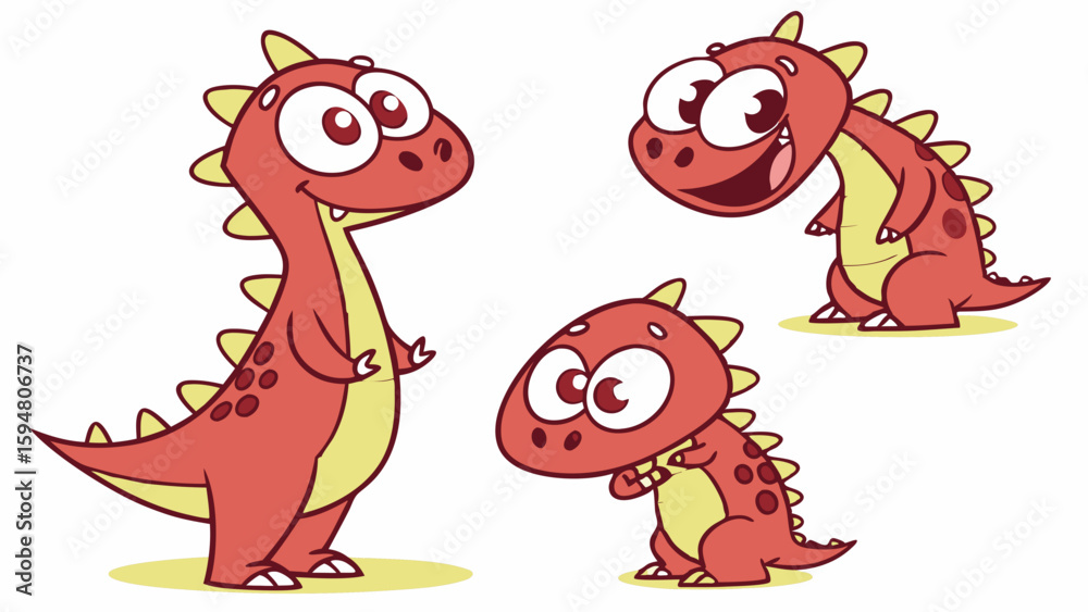 Fototapeta premium Adorable red cartoon baby dinosaurs in various playful poses, standing, laughing, and shyly looking down. Friendly vector illustration on a white background.