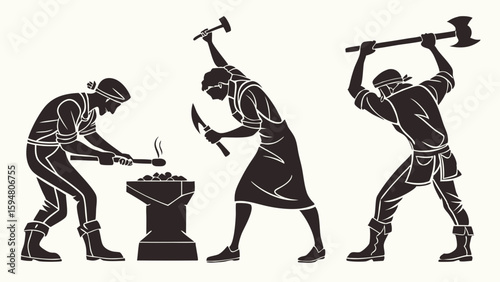 Three powerful blacksmiths forging metal with hammers and an anvil in a strong dynamic black and white silhouette illustration of ancient craftsmanship