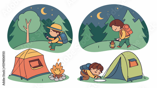 Cute cartoon illustration of children camping at night, setting up tents, making a warm campfire, and exploring nature in a peaceful forest adventure.