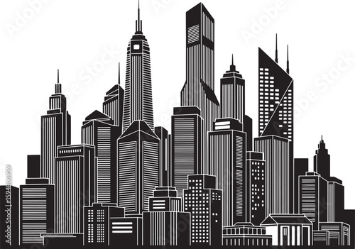 Black and white city skyline drawing isolated on white background