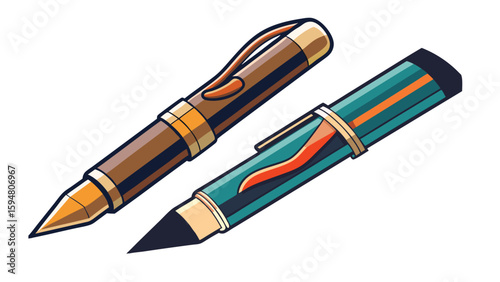 A classic gold fountain pen and a set of colored ballpoint pens, perfect for business, office, or school writing and design, isolated on white