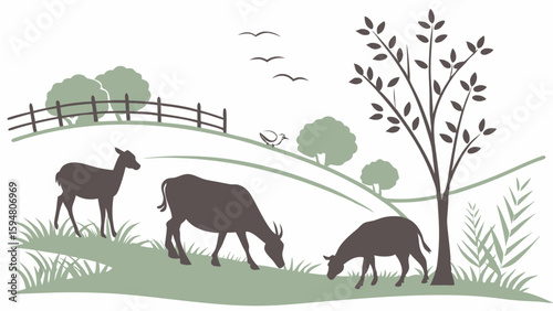 Silhouetted deer and grazing livestock on a green rural hillside. Minimalist vector nature landscape illustration with trees and fence.